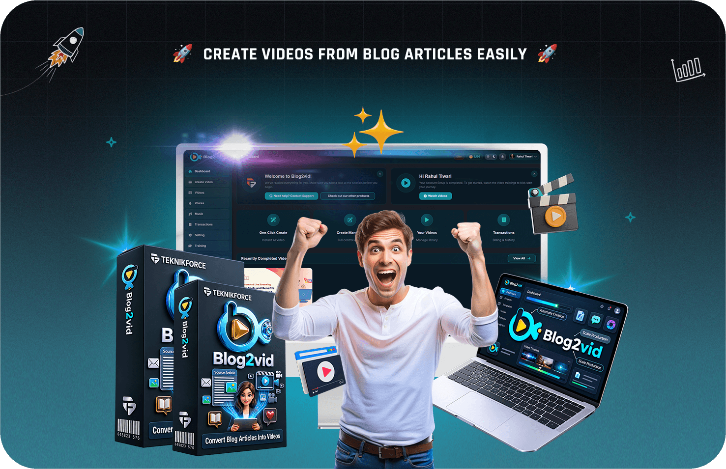 Blog2Vid dashboard and product artwork for this Blog2Vid review