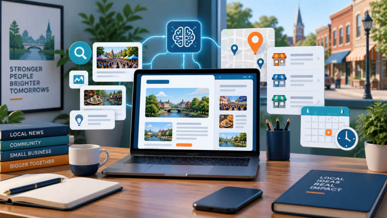 Concept illustration of an AI-powered local newsletter and business directory publishing workflow.