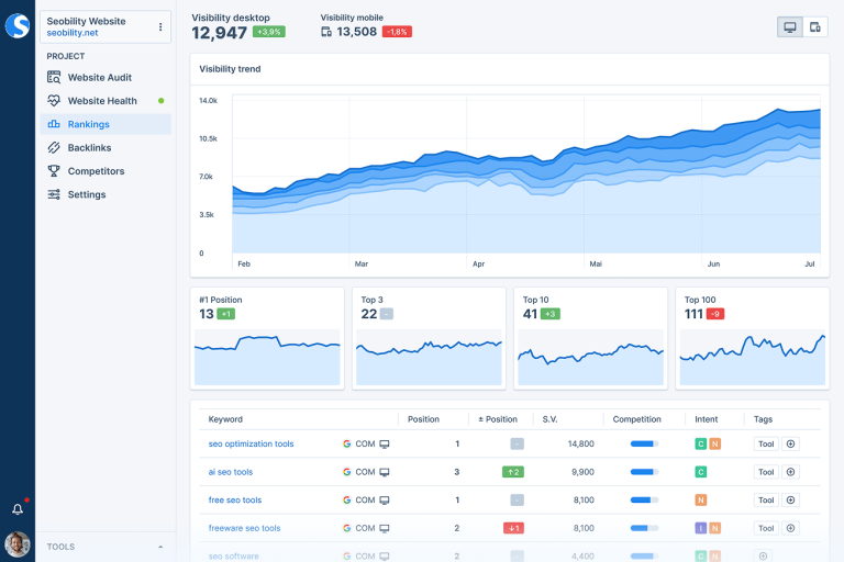 Seobility SEO software dashboard for website audits keyword tracking and backlink analysis