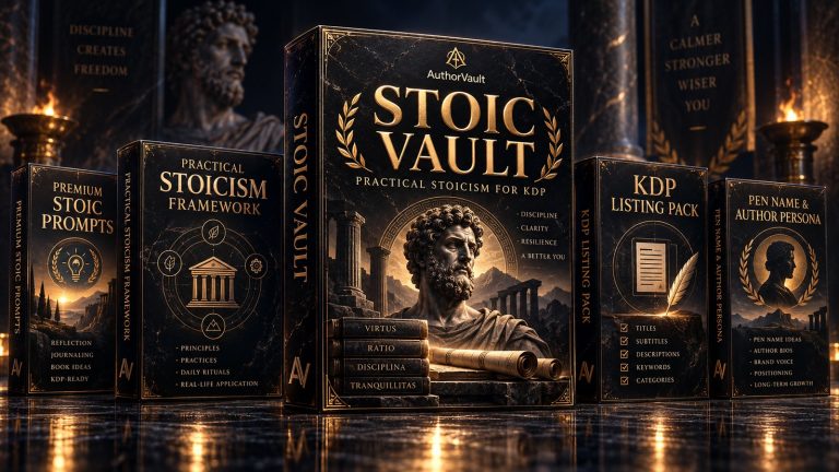 AuthorVault Stoic Vault product box for AI-assisted Stoicism KDP publishing