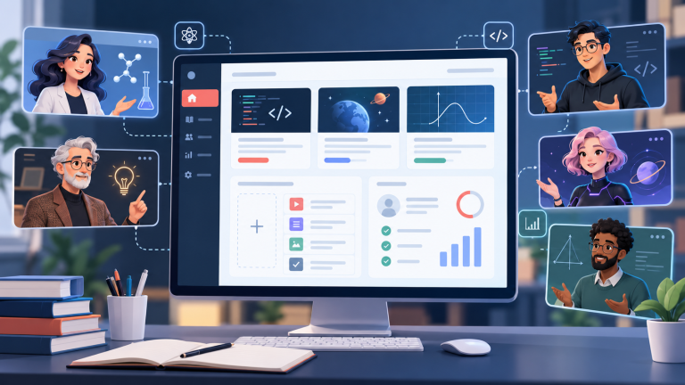 Original illustration of an AI academy dashboard with multiple AI instructor personas