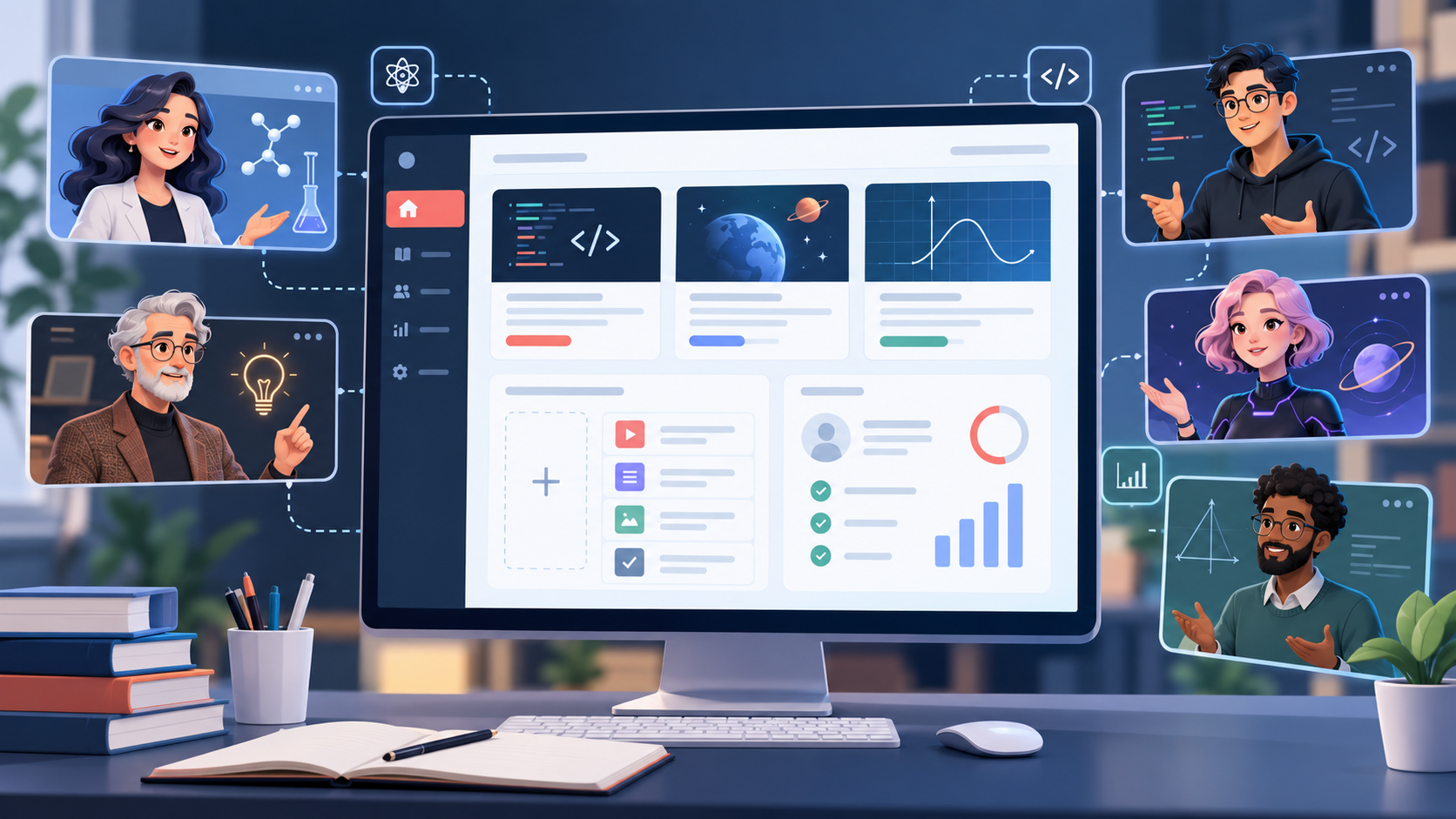 Original illustration of an AI academy dashboard with multiple AI instructor personas