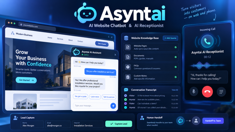 Original illustration of Asyntai AI website chatbot and AI receptionist platform