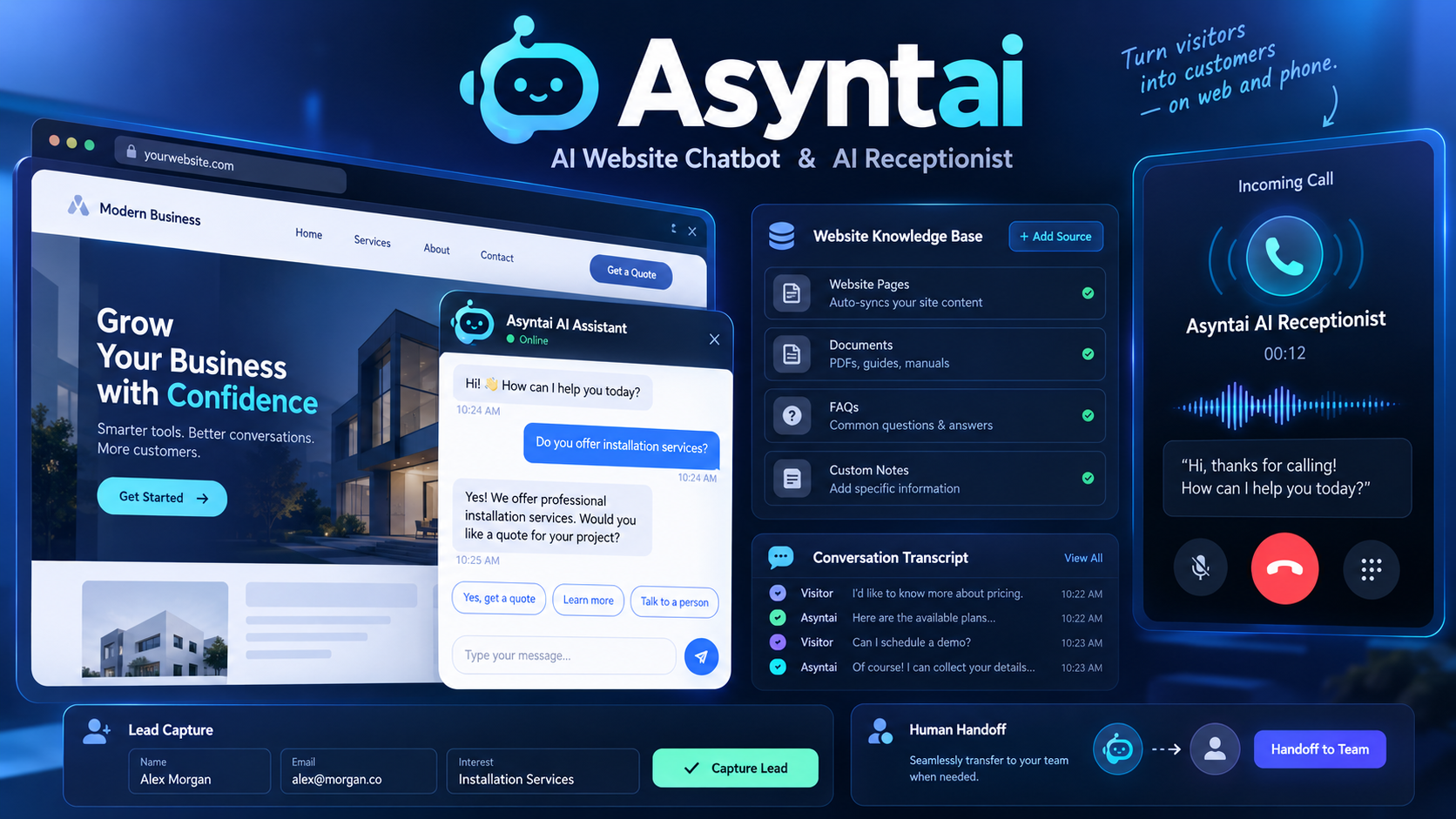 Original illustration of Asyntai AI website chatbot and AI receptionist platform