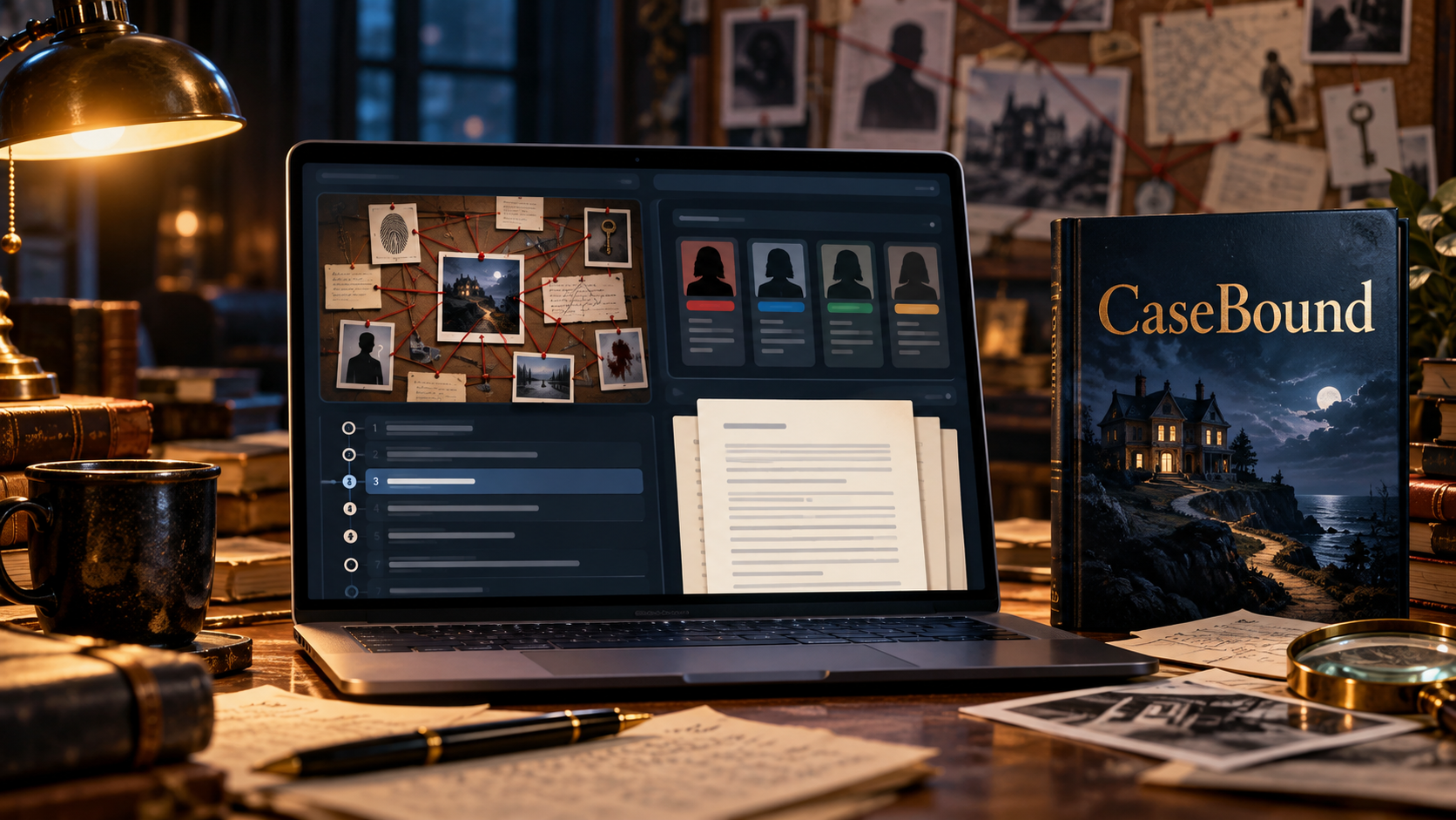 Original editorial illustration for CaseBound showing a mystery-novel planning workspace with clues, suspects and draft chapters
