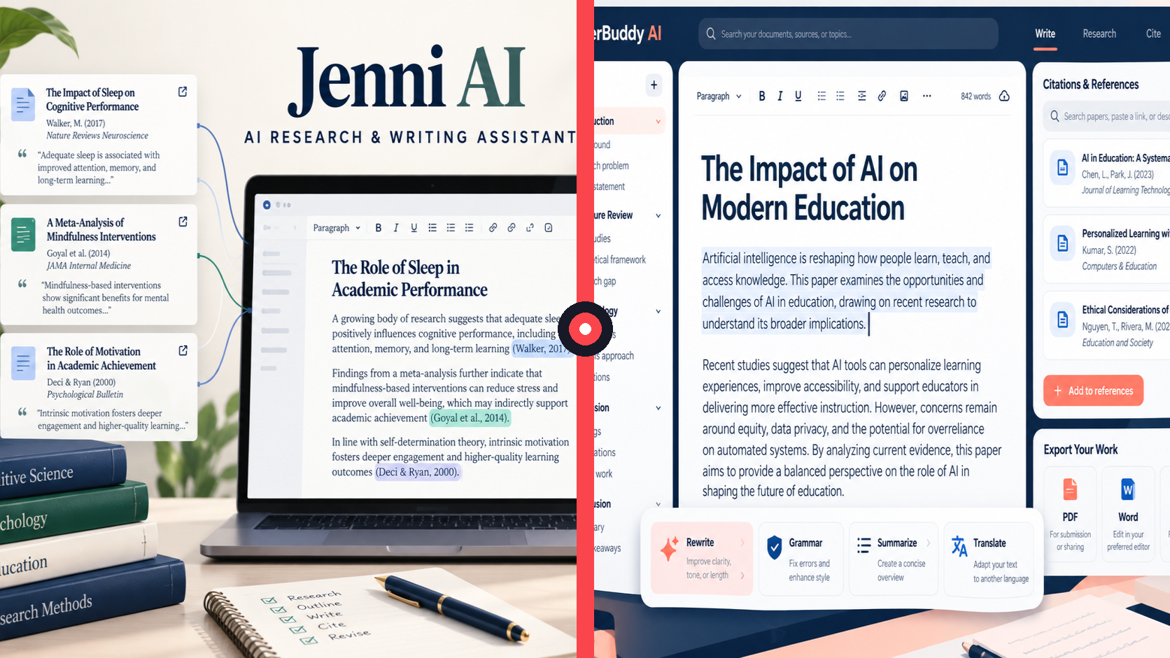 Editorial comparison of Jenni AI research and citation workspace alongside WriterBuddy AI writing and editing workspace