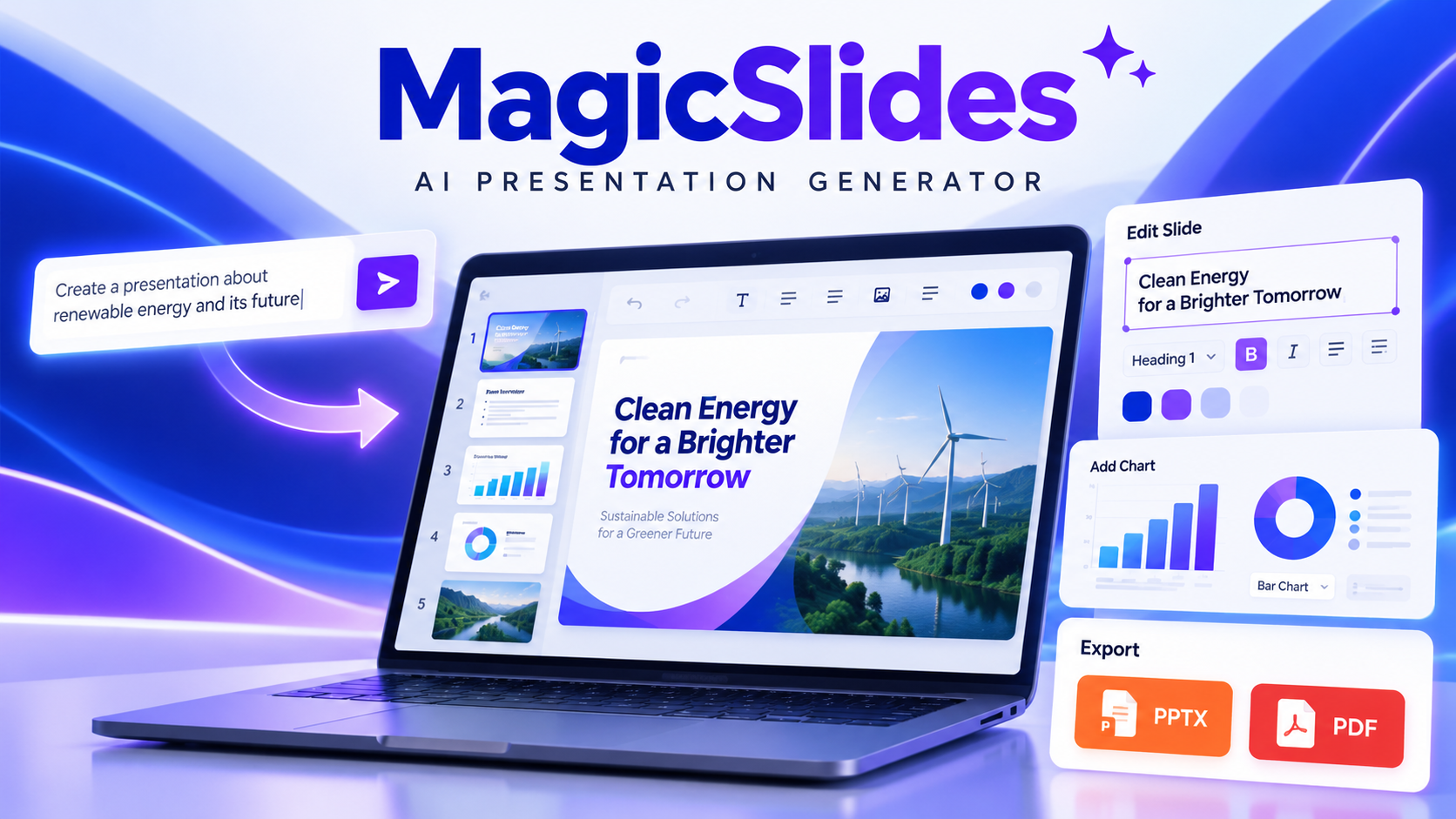 Original illustration identifying MagicSlides and its AI presentation and slide-deck generator workflow.