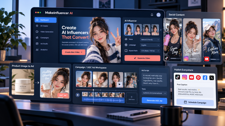 Original illustration of a MakeInfluencer AI creator dashboard and AI influencer campaign workflow
