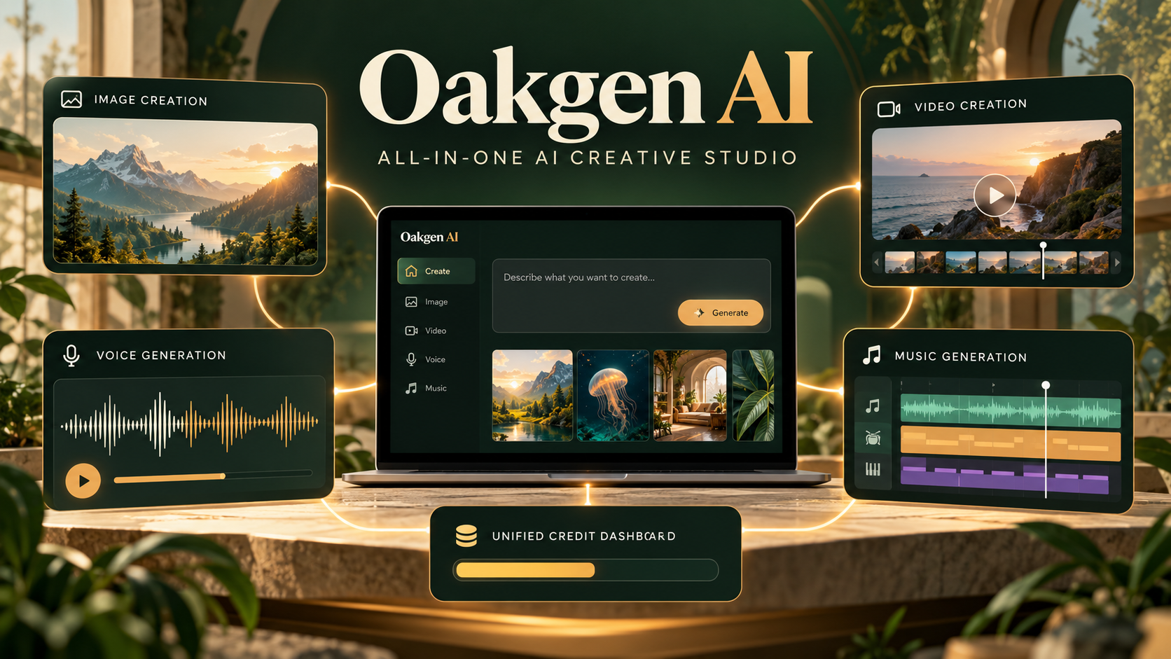 Original illustration identifying Oakgen AI and its all-in-one AI creative studio for image, video, voice and music workflow.