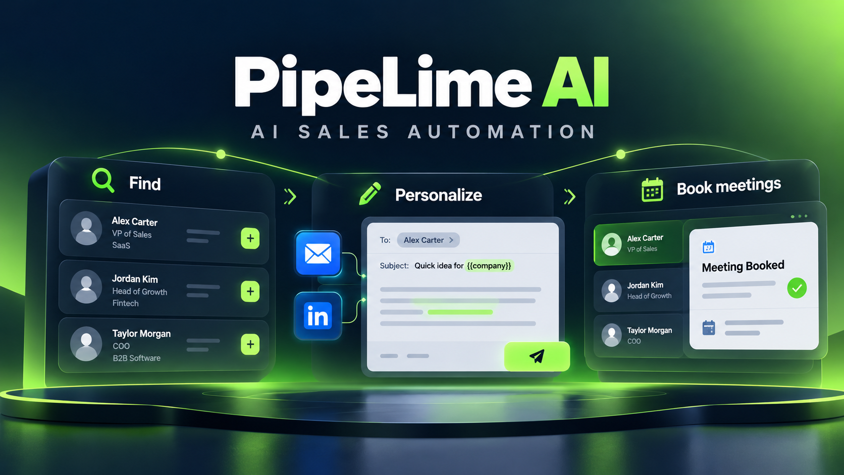 Original illustration of PipeLime AI sales automation, from lead discovery and personalized outreach to booked meetings.