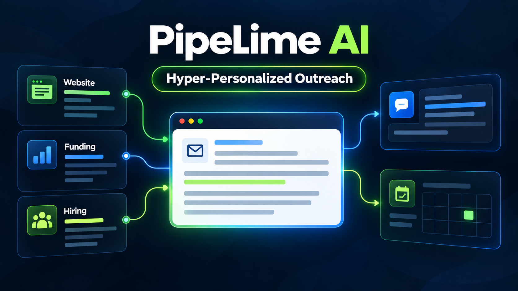 PipeLime AI hyper-personalized outreach workflow connecting research signals, email, messaging, and meeting scheduling.