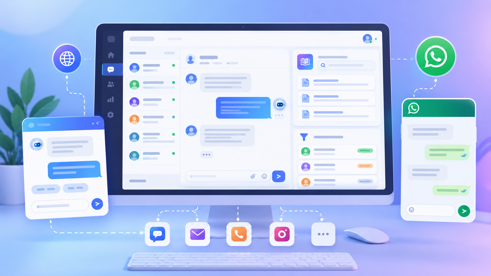 Original illustration of AI customer support dashboard and messaging workflow