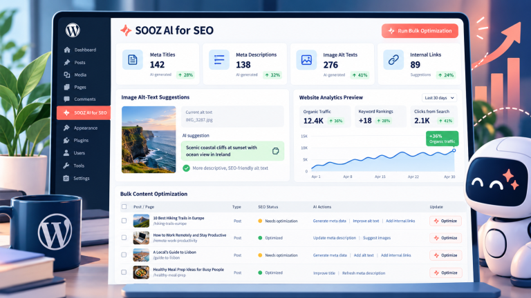 Original illustration of SOOZ AI for SEO metadata and image optimization dashboard