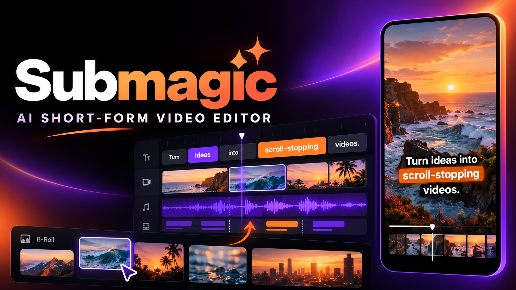 Original illustration identifying Submagic and its AI editor for captioned short-form video workflow.