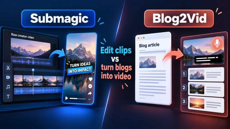 Illustration comparing a raw video editing workflow in Submagic with a blog-to-video workflow in Blog2Vid
