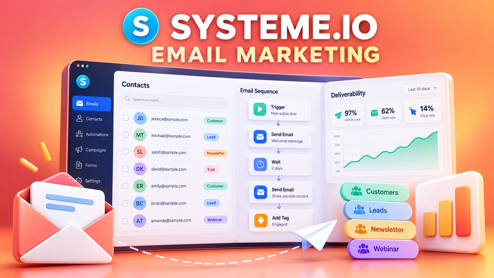 Original illustration: Systeme.io email campaign dashboard and automation sequence.