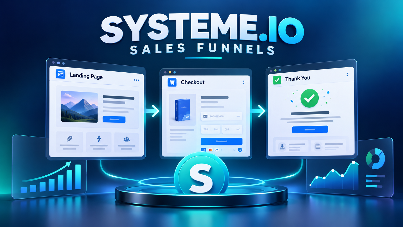 Original illustration: Systeme.io sales funnel workflow with landing page, checkout, and thank-you stages.