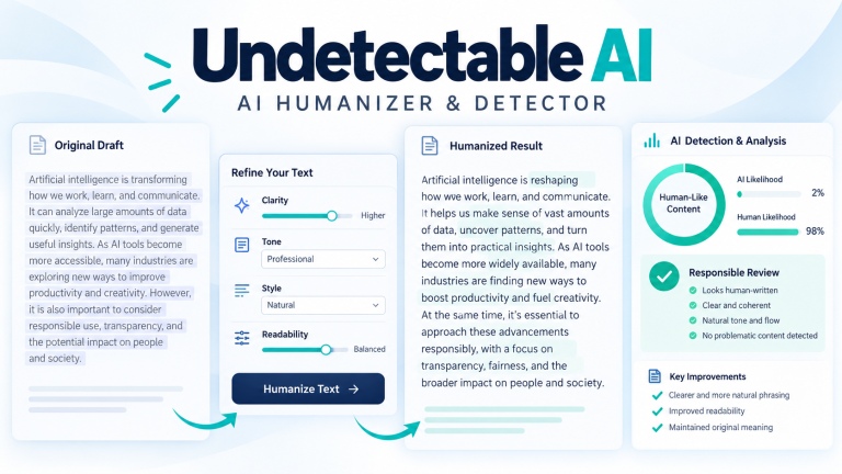 Original illustration identifying Undetectable AI and its AI writing humanizer and detection platform workflow.