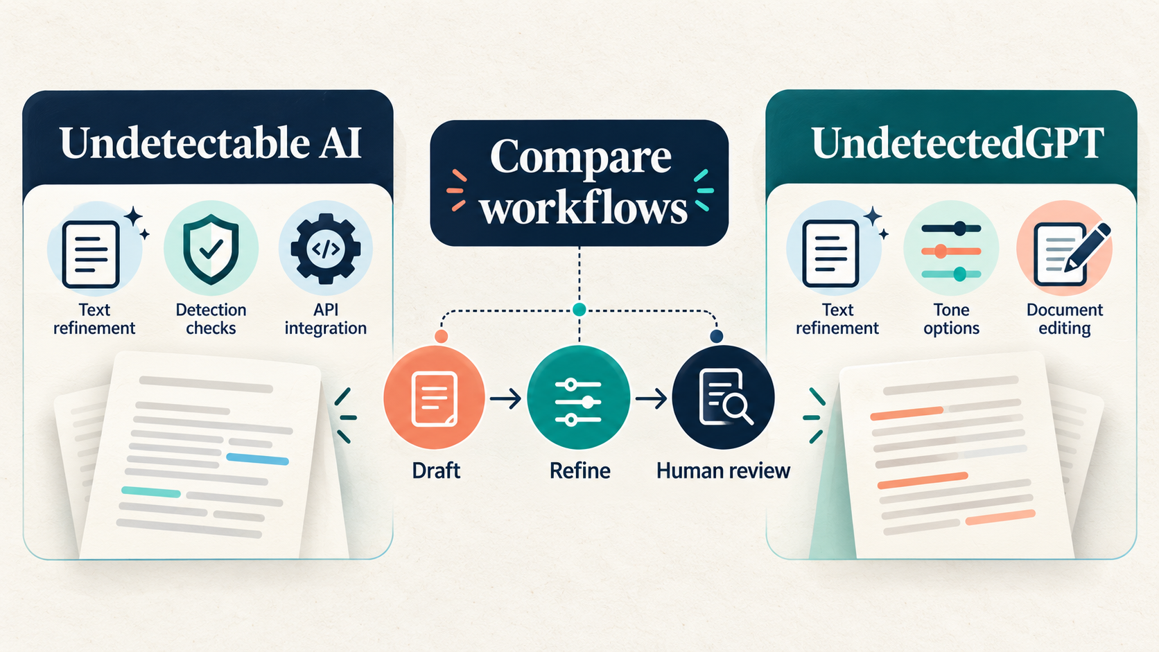 Original editorial comparison graphic for Undetectable AI and UndetectedGPT, showing their workflow differences.