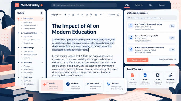 Original illustration of WriterBuddy AI writing, citation and export workspace